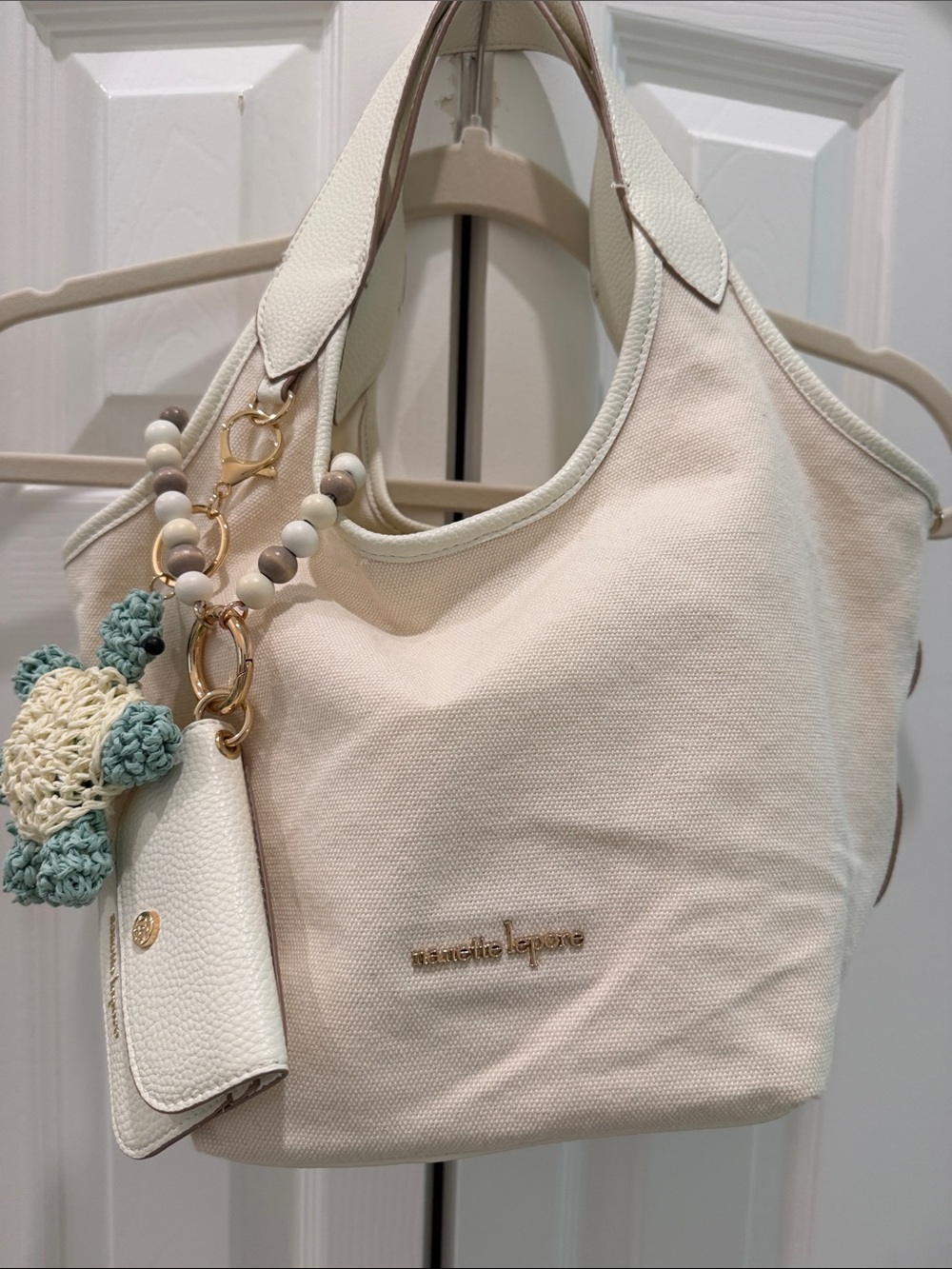 Nanette Lepore Cream Canvas Shoulder Tote with Gold Hardware